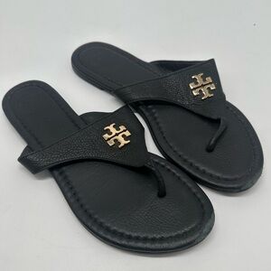 Tory Burch Black Leather Thong Sandals with Gold Emblem Logo